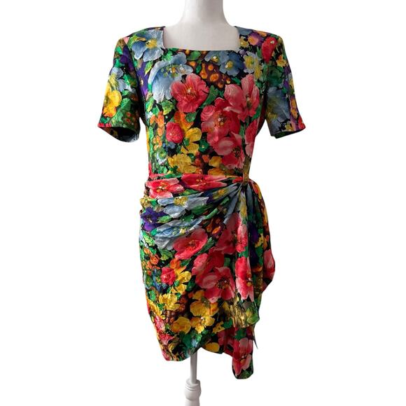 Vintage Albert Nipon Silk Floral Dress Size 12 Faux Wrap Short Sleeve‎ Garden
